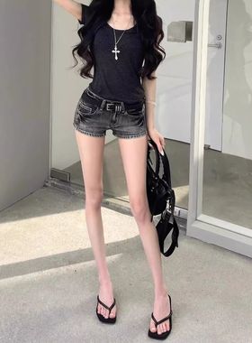 水洗黑灰色低腰牛仔超短裤女纯欲性感辣妹y2k修身显瘦包臀热裤子