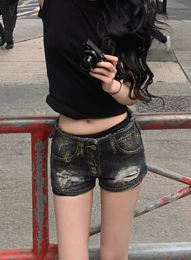 高街y2k辣妹风美式千禧牛仔裤女低腰复古设计感磨破洞网红超短裤