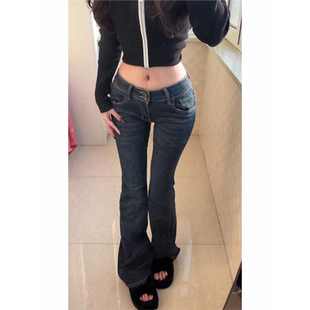 高街复古辣妹bm低腰微喇拖地裤纯欲辣妹牛仔裤女美式喇叭百搭裤子