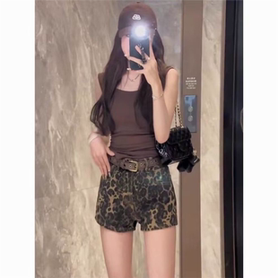 复古豹纹美式辣妹牛仔短裤低腰休闲废土新款宽松显瘦直筒亚比热裤