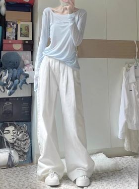 白色高腰褶皱设计阔腿牛仔裤女新款宽松垂感显瘦百搭潮流直筒裤子