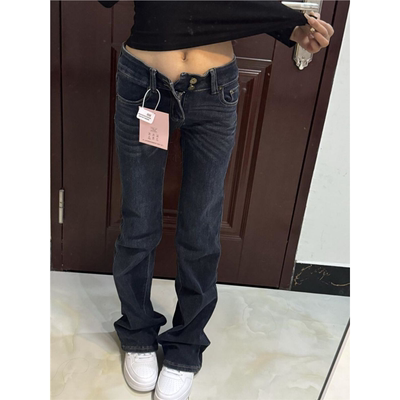 美式高街双扣设计微喇弹力牛仔裤女低腰显瘦辣妹拖地洋气喇叭裤子