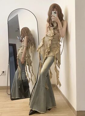 美式复古设计感辣妹高腰喇叭牛仔裤女秋冬显瘦弹力毛边阔腿拖地裤