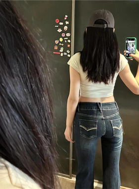 复古深蓝色低腰微喇牛仔裤女ins风修身显瘦辣妹外穿拖地洋气裤子