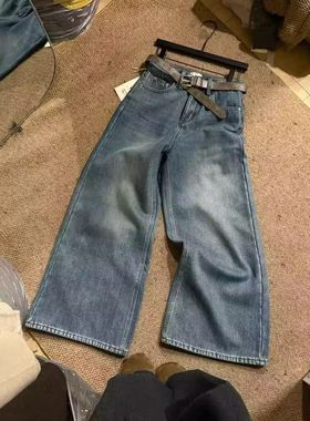 韩系复古水洗阔腿裤牛仔裤女蓝色百搭高腰宽松显瘦ins风直筒长裤