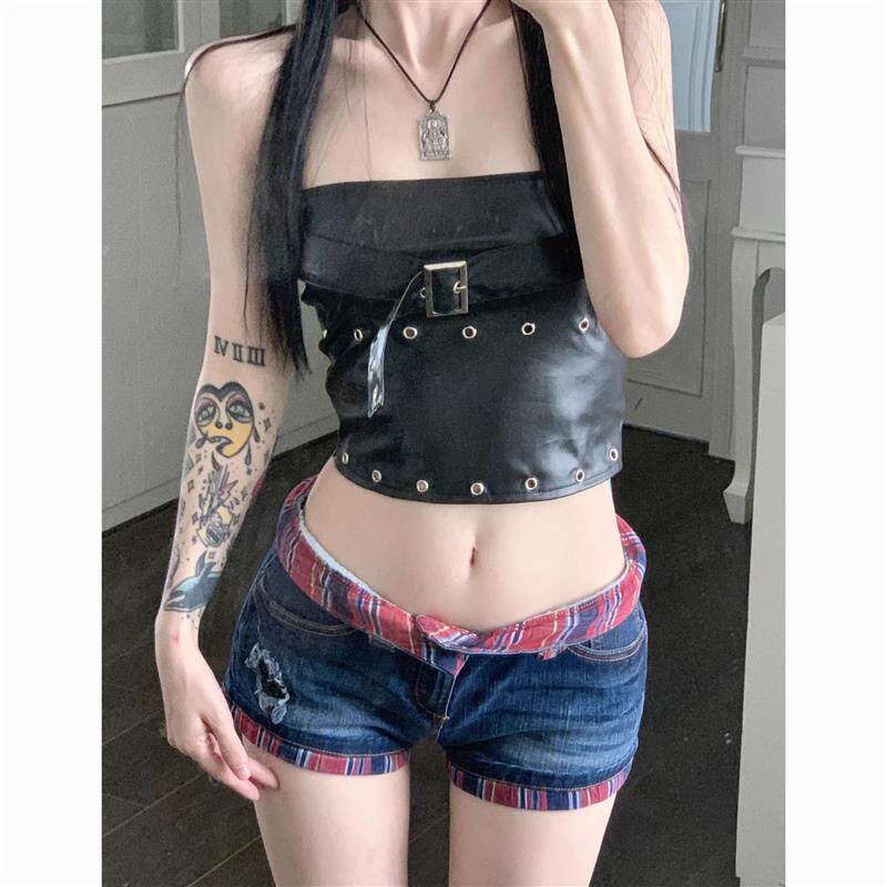 辣妹低腰撞色紧身卷边格子牛仔超短裤女亚比新款修身弹力包臀热裤
