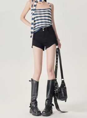 黑色ins牛仔热裤新款辣妹设计高腰紧身显瘦弹力阔腿小个子短裤潮