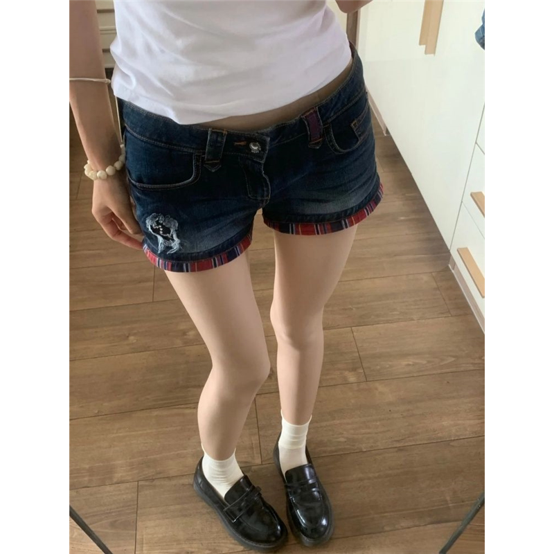 辣妹复古格纹拼接低腰牛仔超短裤女紧身弹力显瘦性感包臀千禧热裤