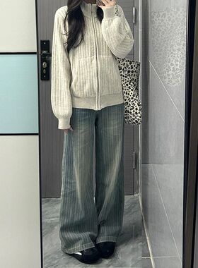 复古做旧条纹牛仔裤女浅色宽松垂感显瘦阔腿秋冬百搭网红直筒裤子