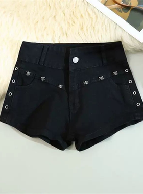 欧美黑色低腰牛仔超短裤女新款辣妹性感百搭包臀弹力显瘦热裤铆钉