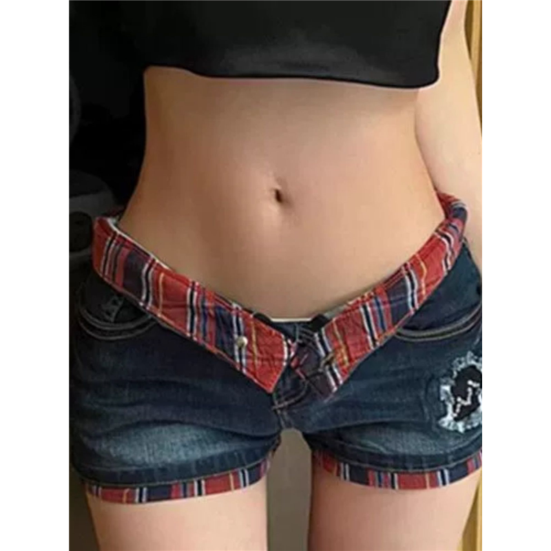 辣妹低腰撞色弹力紧身卷边牛仔超短裤女磨破新款修身包臀亚比热裤