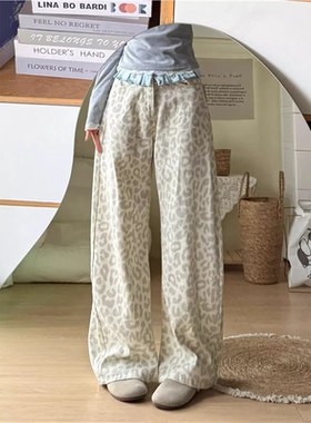 白色美式豹纹牛仔裤女新款宽松设计感显瘦百搭高腰ins风阔腿裤子