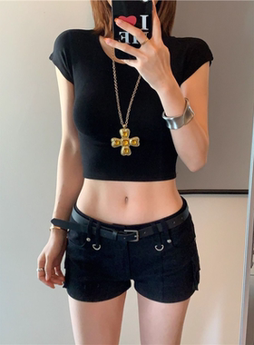 美式辣妹y2k黑色牛仔工装短裤新款低腰百搭显瘦弹力千禧小众热裤