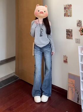 网红ins风美式复古不贴腿低腰微喇叭牛仔裤女秋季新款宽松阔腿裤