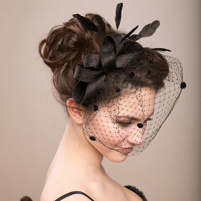 新娘名媛网纱羽毛面纱小礼帽女晚宴旗袍走秀复古超仙影楼头饰头花