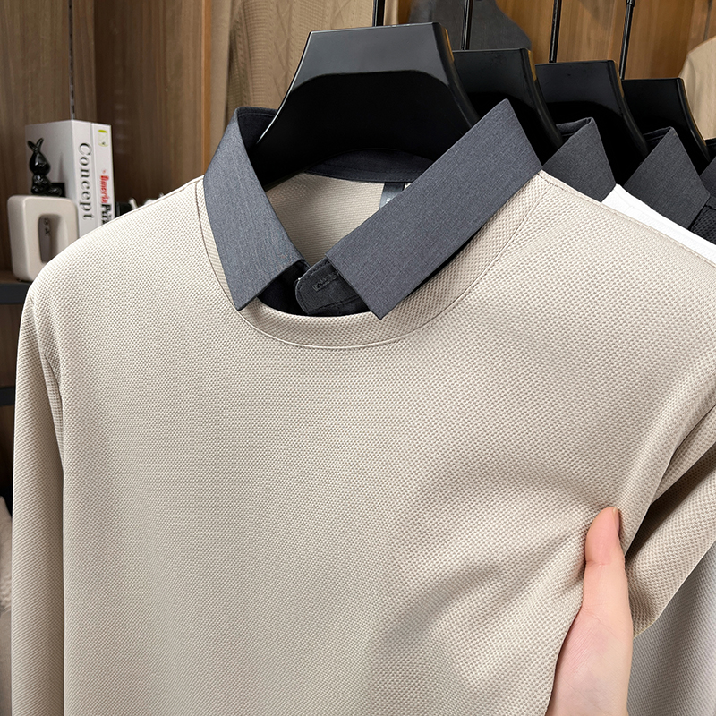路易北极狼男士假两件衬衫领针织衫2025新款休闲百搭