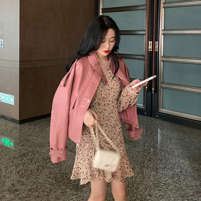 皮衣外套女短款2020春秋新款韩版宽松时尚帅气休闲粉色机车皮夹克