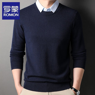 罗蒙男士毛衣假两件春秋季新款衬衫领套头针织休闲打底衫休闲T恤