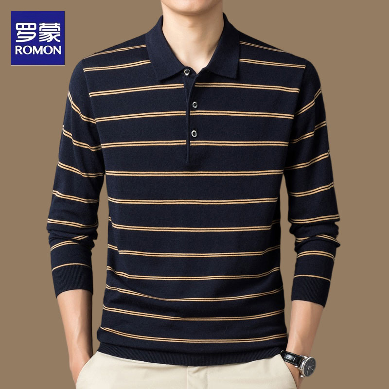 Romon/罗蒙羊毛polo针织衫男士秋季商务休闲亲肤条纹毛衣打底衫