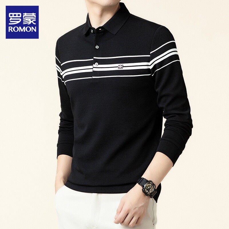 罗蒙长袖t恤男士春季新款条纹翻领打底上衣潮流商务休闲polo衫男