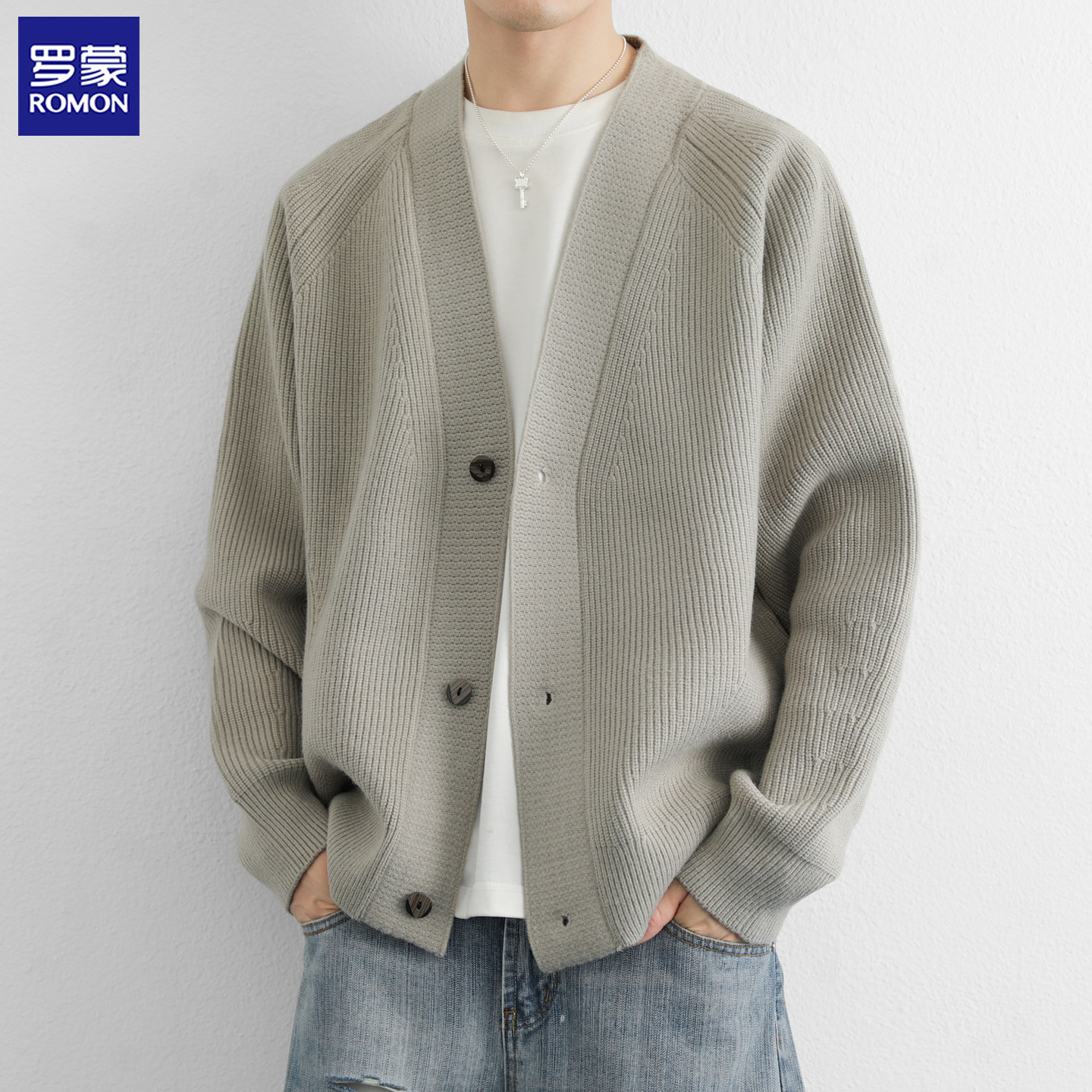 罗蒙针织衫开衫外套男秋冬季简约百搭休闲宽松线衣慵懒风V领毛衣