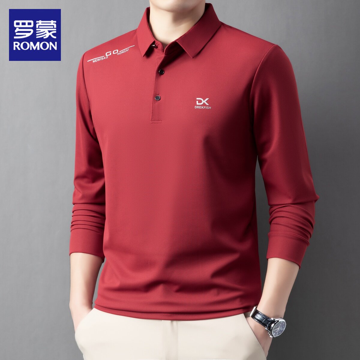 罗蒙长袖t恤男士宽松翻领打底上衣2026春季新款休闲商务Polo衫男