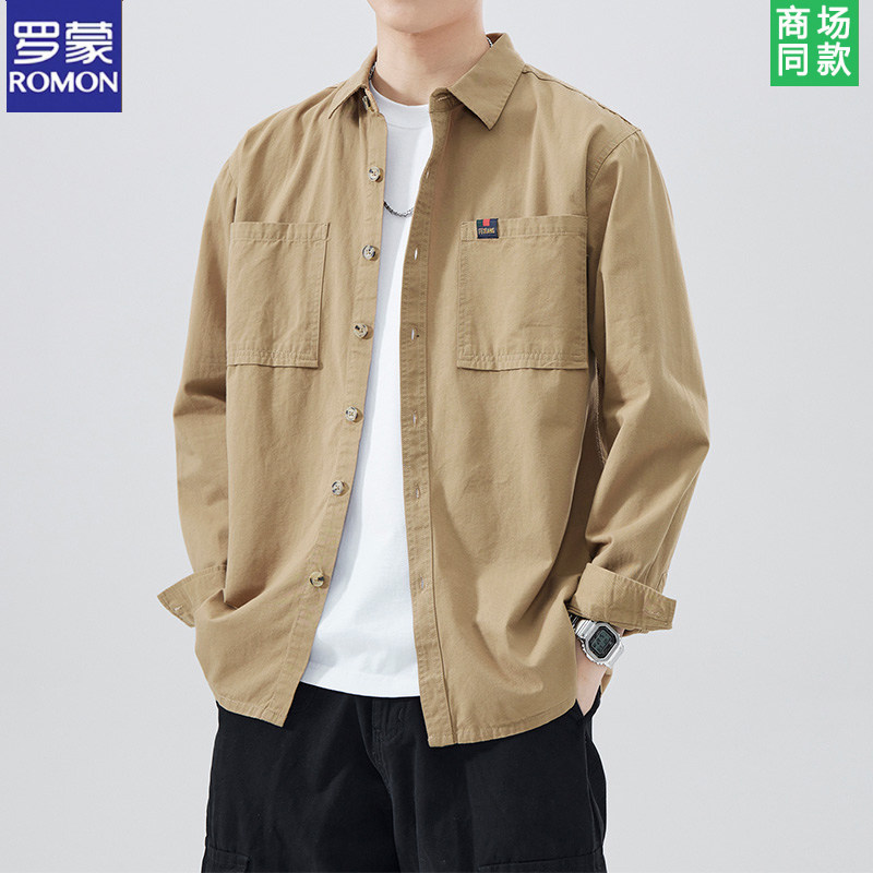 罗蒙纯棉美式工装长袖衬衫男潮牌春秋季夹克宽松休闲衬衣复古外套