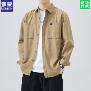 男潮牌春秋季 罗蒙纯棉美式 衬衫 长袖 夹克宽松休闲衬衣复古外套 工装