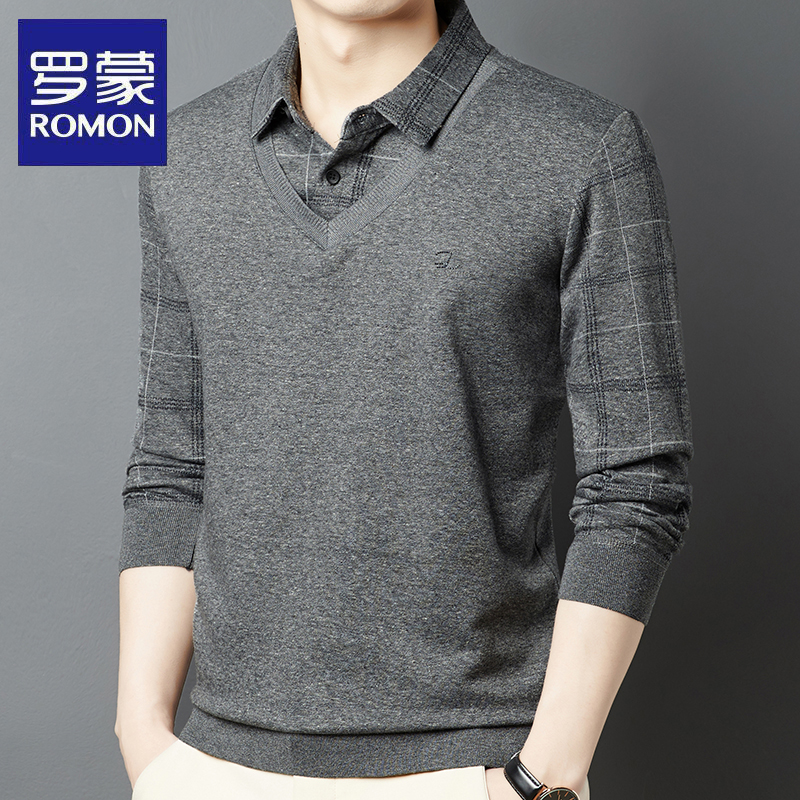 罗蒙秋冬季中年男士加绒加厚假两件毛衣爸爸装衬衫翻领针织打底衫