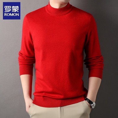 本命年大红色毛衣罗蒙冬半高圆V翻领拉链针织打底新年羊毛衫男士