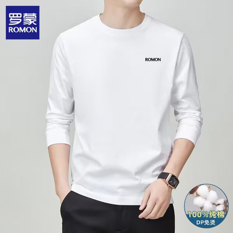 罗蒙纯棉t恤男士长袖白色打底衫上衣2026年春季休闲圆领卫衣男款