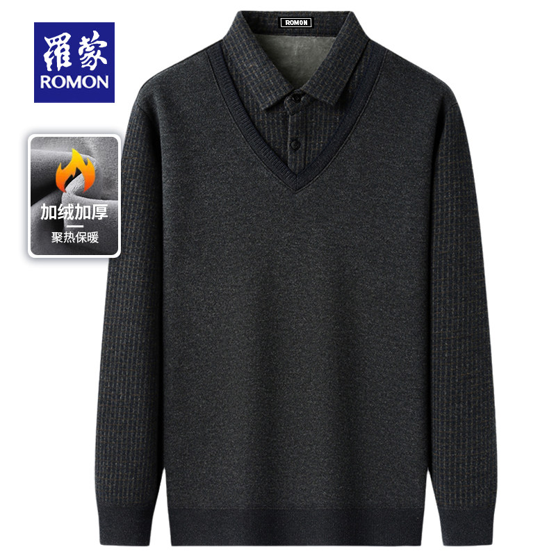 罗蒙中老年爸爸装针织假两件毛衣男士冬季加绒加厚保暖打底衫上衣