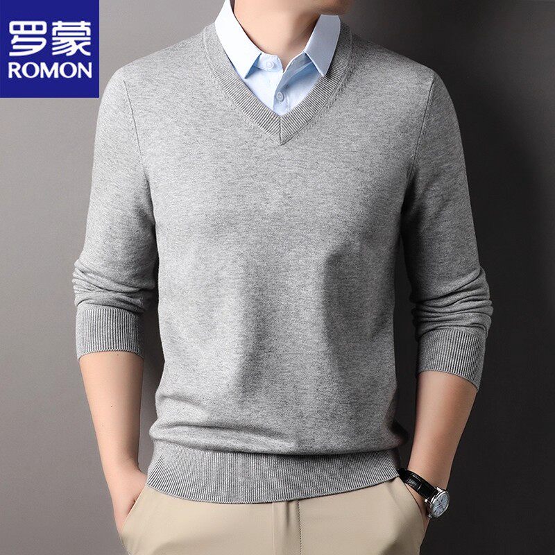 罗蒙男士秋冬季新款衬衫领假两件上衣商务休闲加厚一体绒针织毛衣