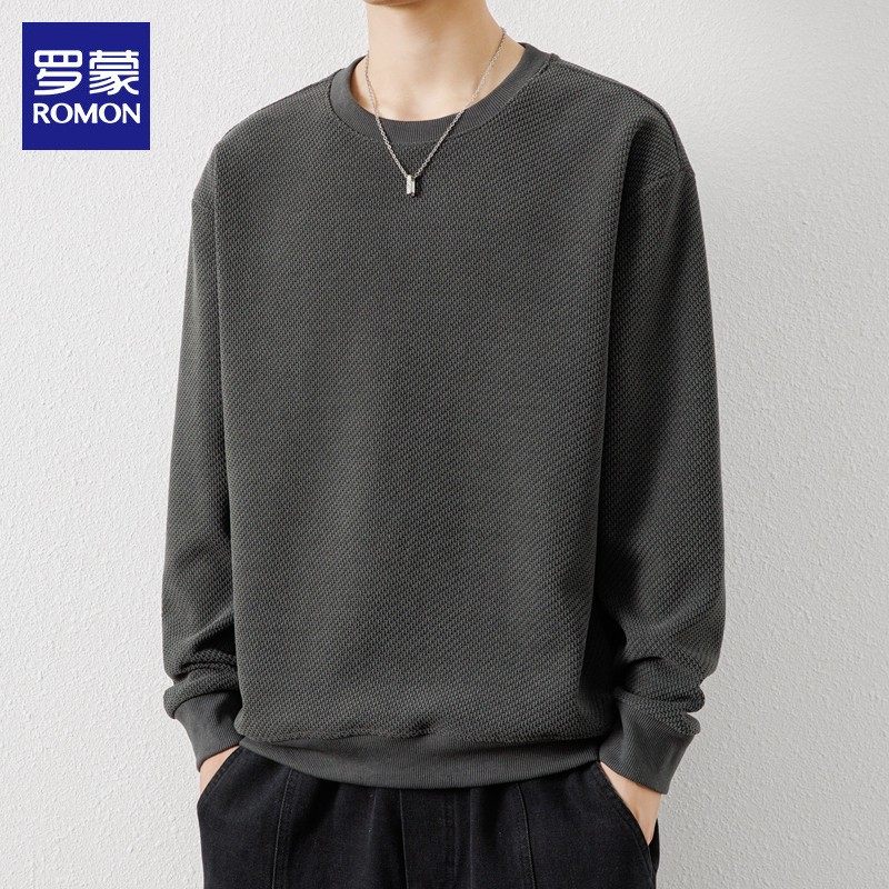 罗蒙圆领卫衣男士秋冬潮流休闲纯色加绒打底衫华夫格长袖t恤男装