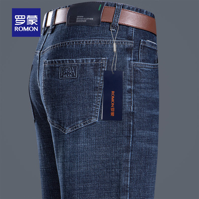 罗蒙男士牛仔裤秋冬季新款宽松直筒中年爸爸商务休闲加绒厚长裤子