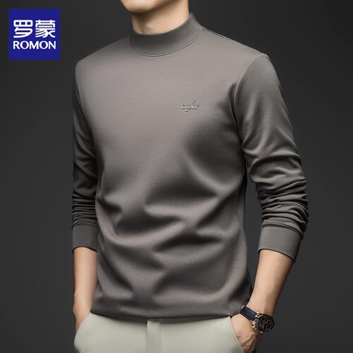 罗蒙半高领长袖t恤男士春季新款修身纯色打底衫莫代尔休闲卫衣男