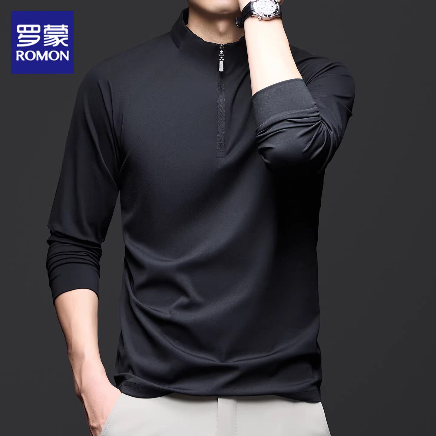 罗蒙长袖t恤男士2026年春季新款半拉链立领上衣休闲打底体恤衫男