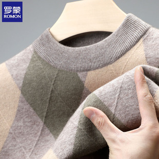 罗蒙春季羊毛衫新款男士加厚保暖中年半高圆领套头针织打底衫毛衣
