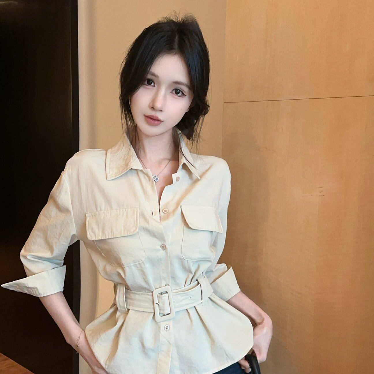实拍 春款纯欲辣妹重工设计感双口袋饰衬衫女，配腰带