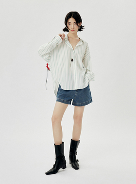 CLMX通勤简约宽松上衣莱赛尔醋酸舒适面料长袖条纹衬衫女