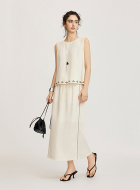 CLMX夏季休闲两件套莱赛尔面料刺绣无袖上衣/刺绣抽绳半身裙女