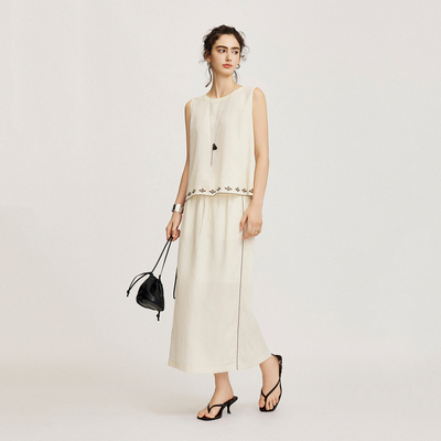 CLMX夏季休闲两件套莱赛尔面料刺绣无袖上衣/刺绣抽绳半身裙女