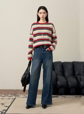 CLMX质感羊驼绒羊毛混纺纱线圆领落肩宽松氛围感四色条纹廓形毛衣