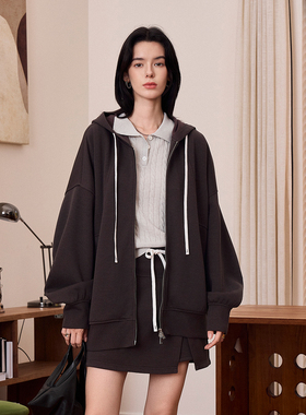 CLMX秋季宽松休闲两件套羊毛混纺复合针织布抽绳外套/拼接裙裤女