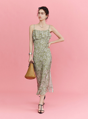 CLMX简约修身裙子艺术水墨晕染印花缎面雪纺皱面料吊带印花连衣裙