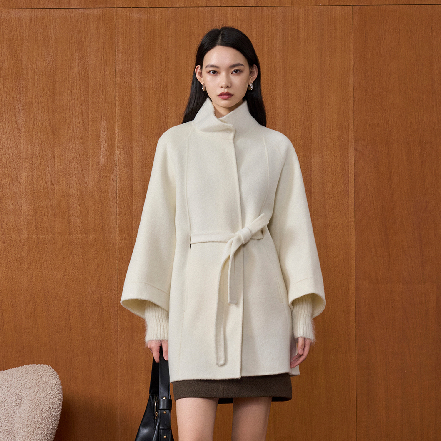 CLMX 重磅骆驼绒羊毛双面长毛呢外套立领造型袖口拼接中长款大衣