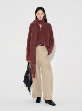 CLMX秋冬通勤上衣羊毛山羊绒桑蚕丝混纺面料流苏围巾/花纱开衫女