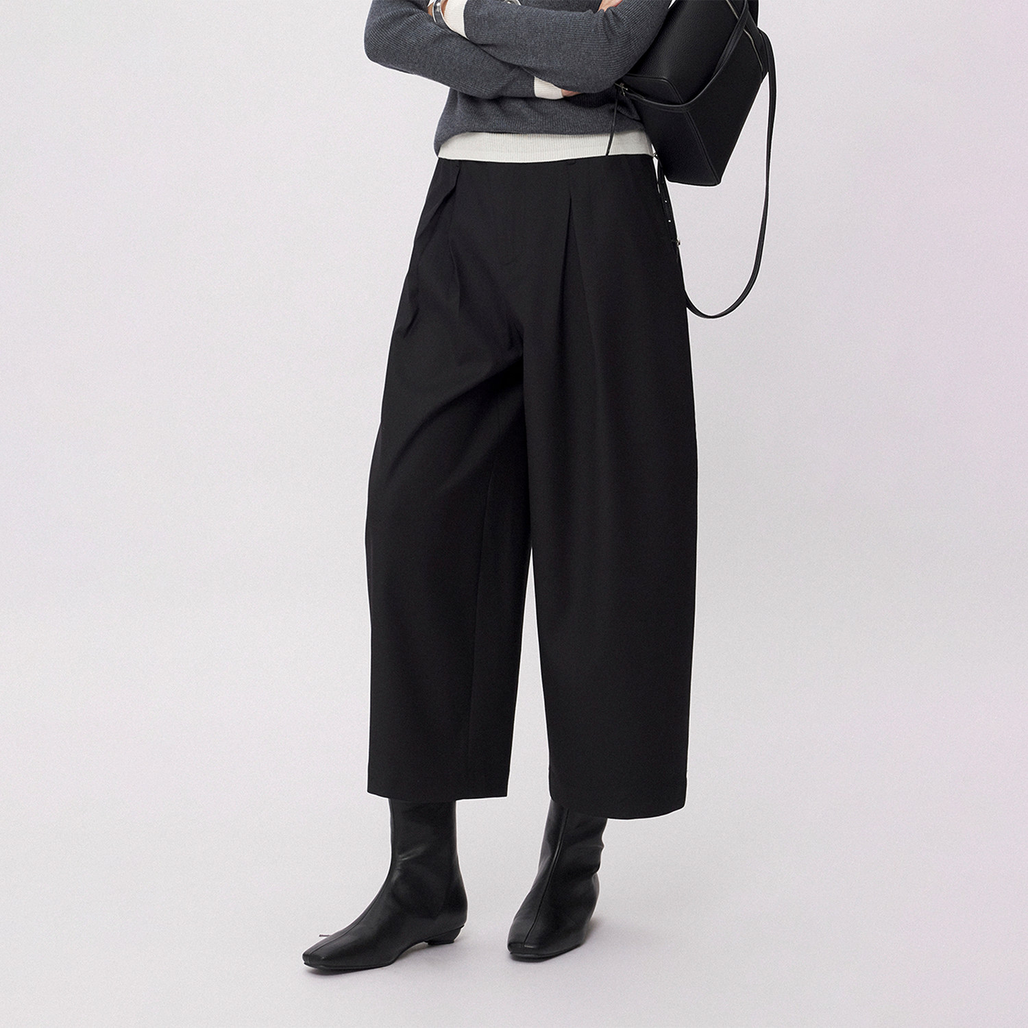 CLMX挺阔有型微羊毛粘纤混纺斜纹面料连腰压褶宽松窄脚九分萝卜裤