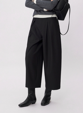 CLMX挺阔有型微羊毛粘纤混纺斜纹面料连腰压褶宽松窄脚九分萝卜裤