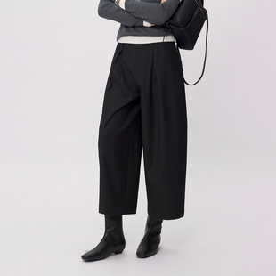 CLMX挺阔有型微羊毛粘纤混纺斜纹面料连腰压褶宽松窄脚九分萝卜裤